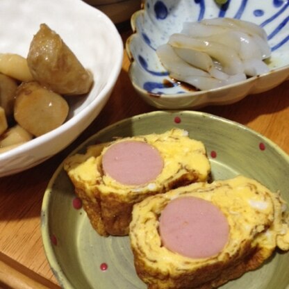 卵2個と魚肉ソーセージで太め巻き（笑）色味が綺麗ですね！！子供達のテンション上がりました(*^_^*) ありがとうございました！！